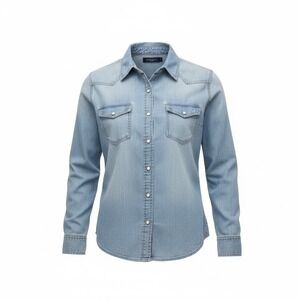 DNMX Denim Shirt Womens L Light Blue  Lyocell Western Pearl Snap Front Top